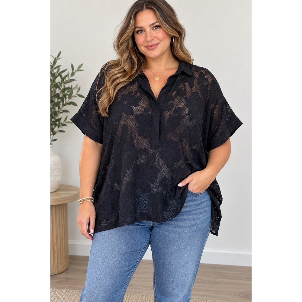 Alfani Burnout Lace Tunic Women 2X Black Whimsigoth Floral Sheer Mesh Top